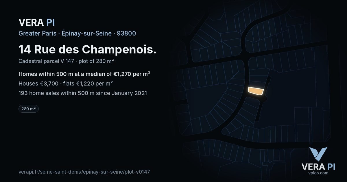 14 Rue des Champenois, Épinay-sur-Seine at night – the plot lit, the parcels around coloured by the prices near them