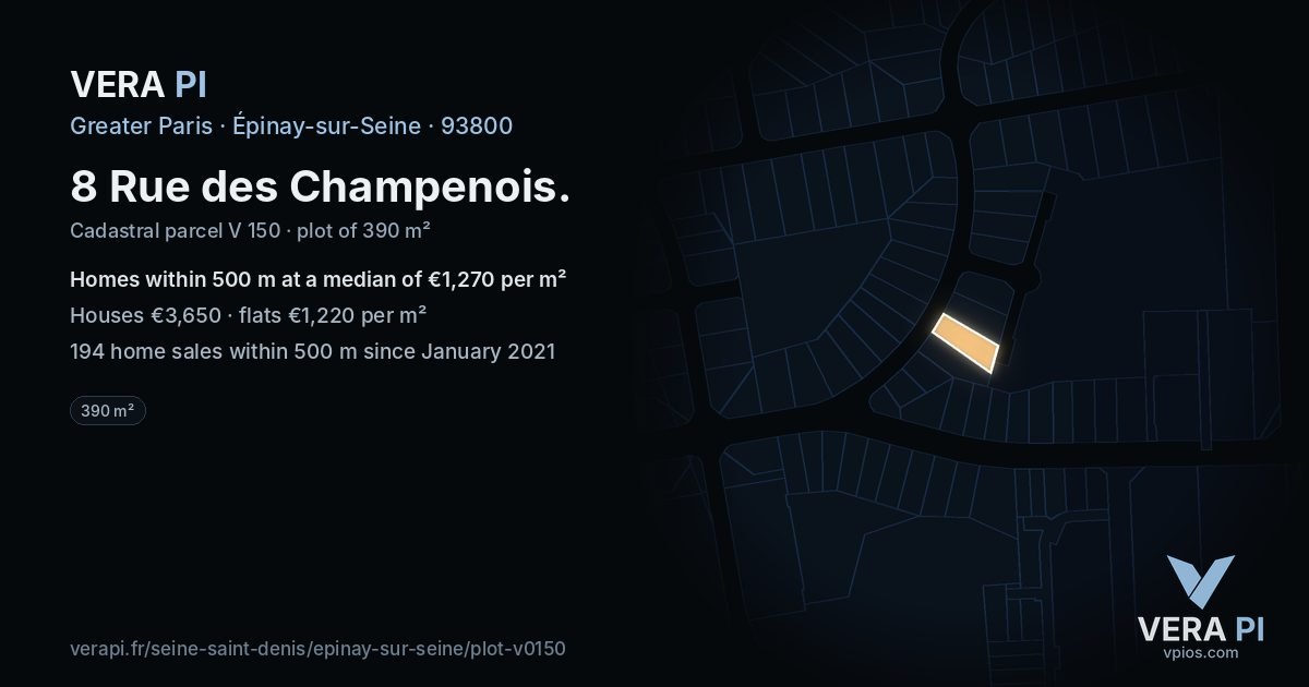 8 Rue des Champenois, Épinay-sur-Seine at night – the plot lit, the parcels around coloured by the prices near them