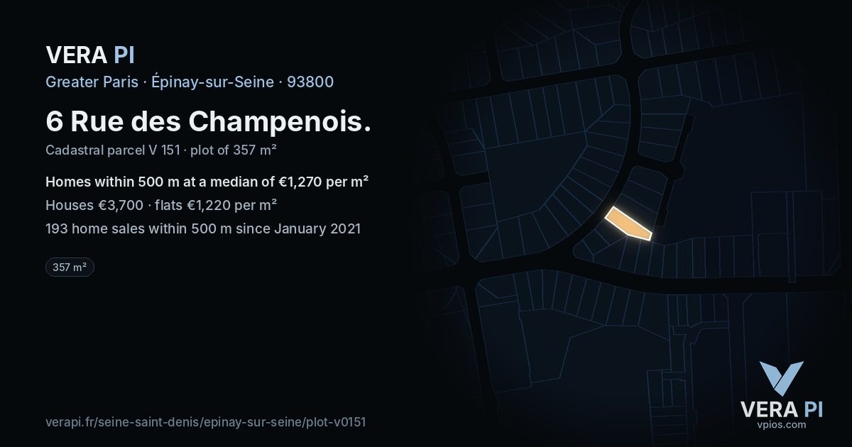 6 Rue des Champenois, Épinay-sur-Seine at night – the plot lit, the parcels around coloured by the prices near them
