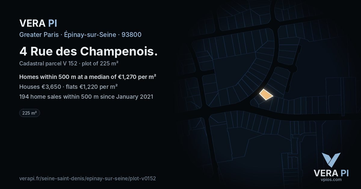 4 Rue des Champenois, Épinay-sur-Seine at night – the plot lit, the parcels around coloured by the prices near them