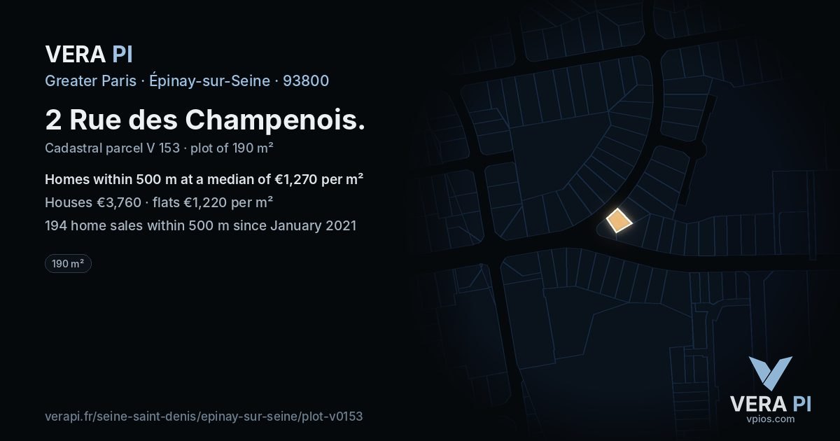 2 Rue des Champenois, Épinay-sur-Seine at night – the plot lit, the parcels around coloured by the prices near them