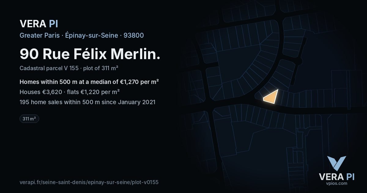 90 Rue Félix Merlin, Épinay-sur-Seine at night – the plot lit, the parcels around coloured by the prices near them
