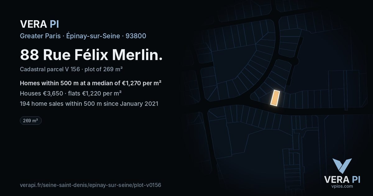88 Rue Félix Merlin, Épinay-sur-Seine at night – the plot lit, the parcels around coloured by the prices near them