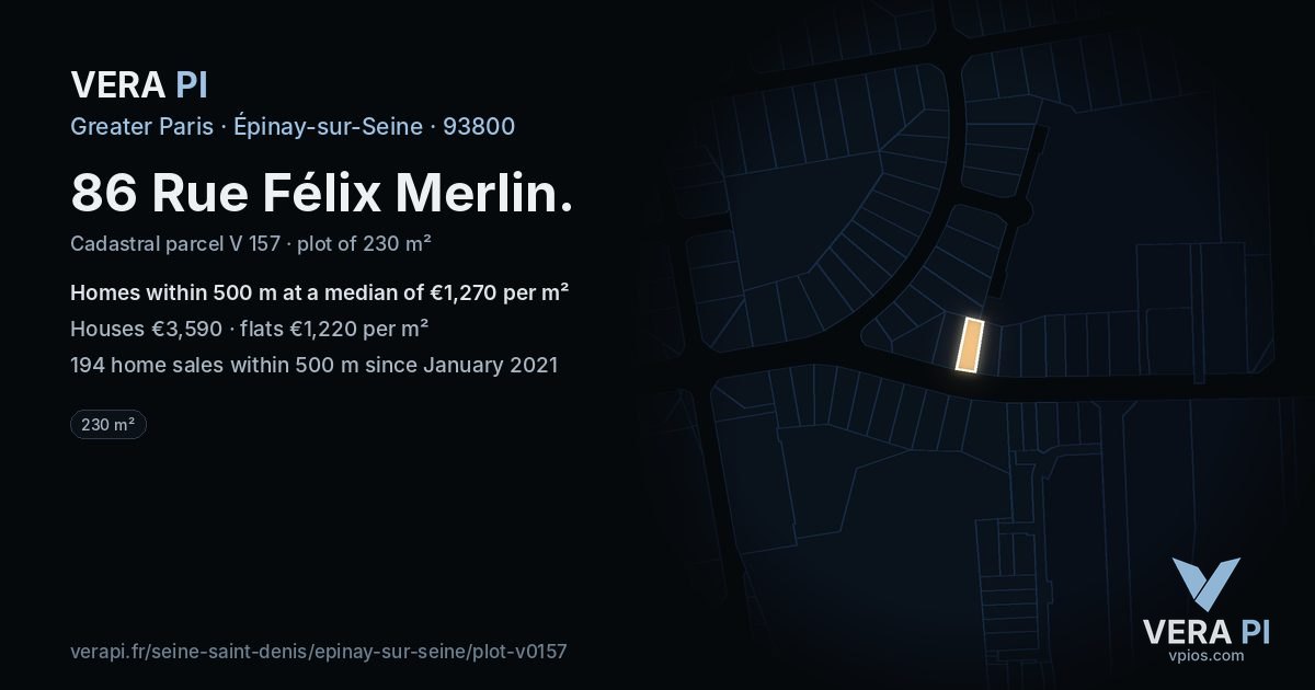 86 Rue Félix Merlin, Épinay-sur-Seine at night – the plot lit, the parcels around coloured by the prices near them