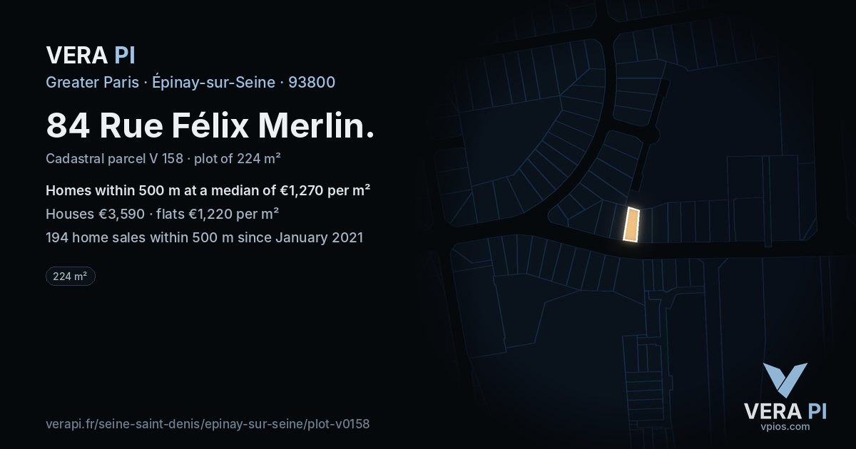 84 Rue Félix Merlin, Épinay-sur-Seine at night – the plot lit, the parcels around coloured by the prices near them