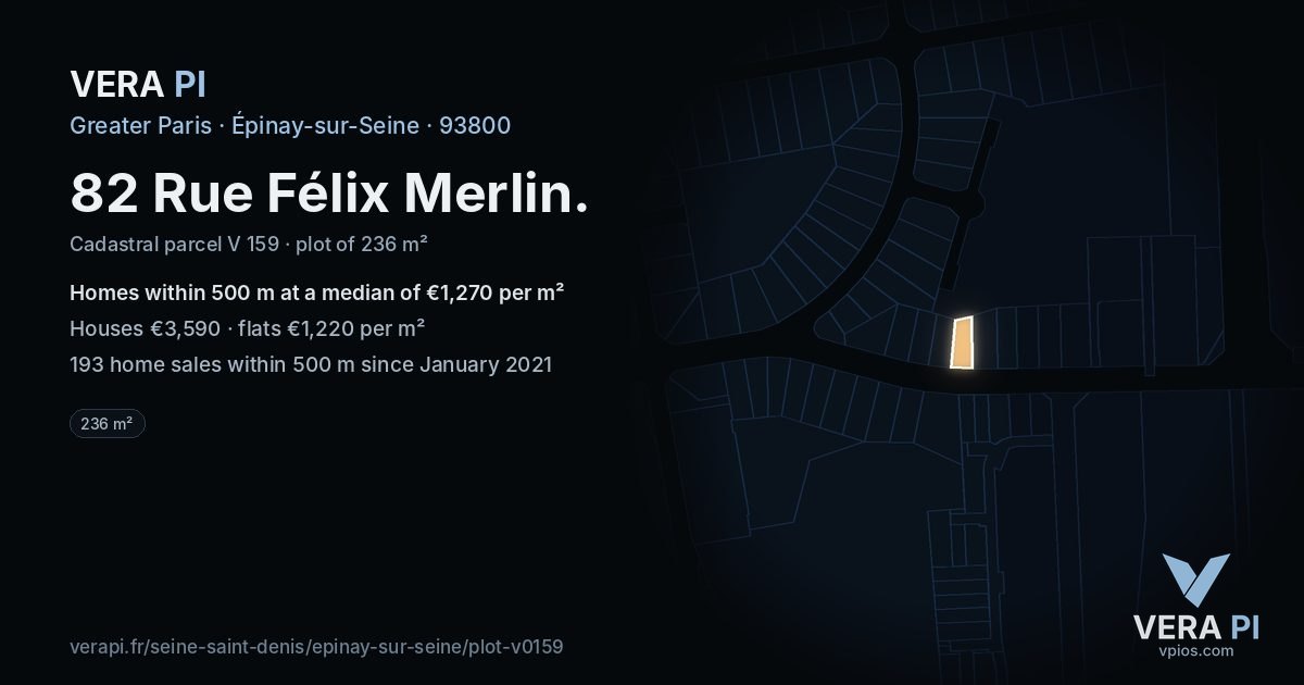 82 Rue Félix Merlin, Épinay-sur-Seine at night – the plot lit, the parcels around coloured by the prices near them
