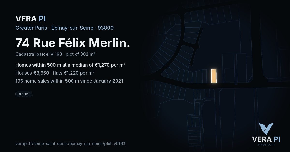 74 Rue Félix Merlin, Épinay-sur-Seine at night – the plot lit, the parcels around coloured by the prices near them