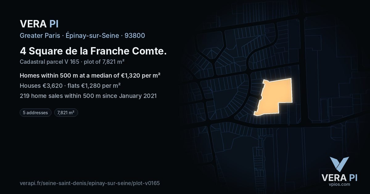 4 Square de la Franche Comte, Épinay-sur-Seine at night – the plot lit, the parcels around coloured by the prices near them