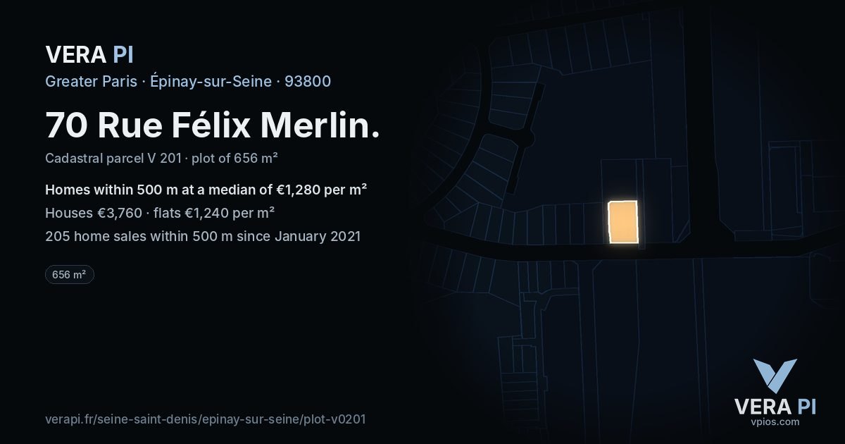 70 Rue Félix Merlin, Épinay-sur-Seine at night – the plot lit, the parcels around coloured by the prices near them