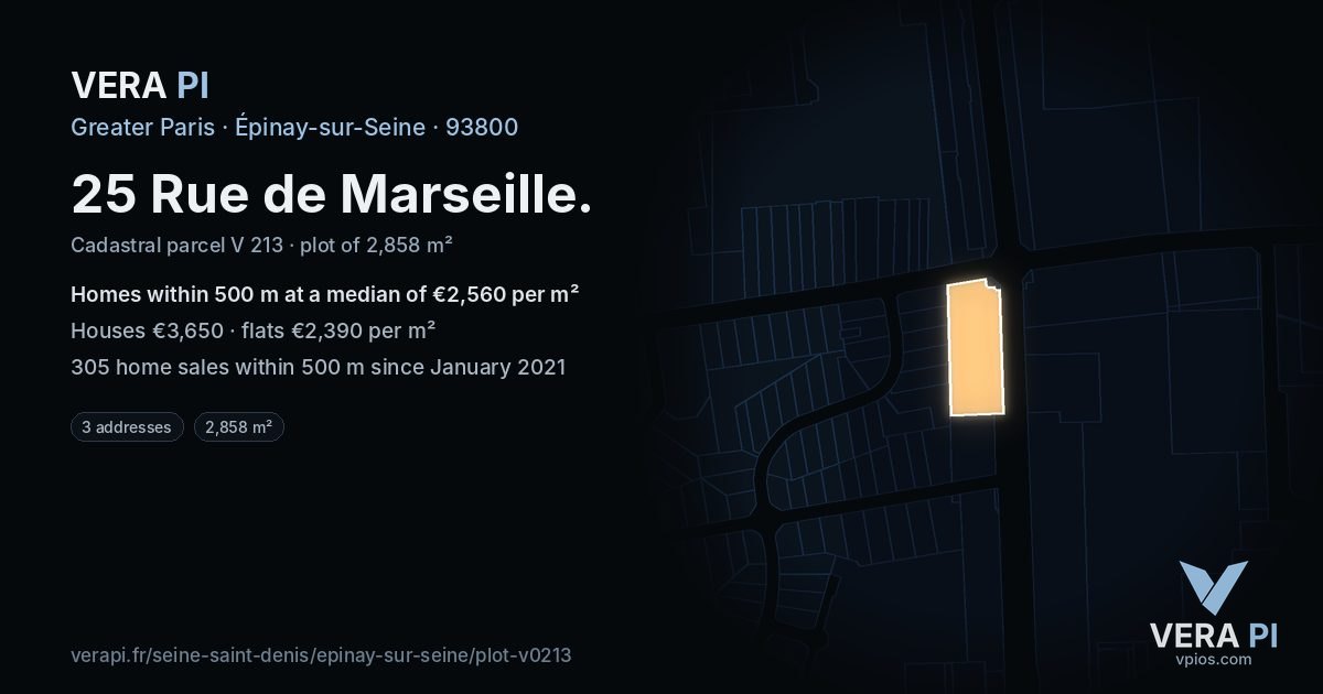25 Rue de Marseille, Épinay-sur-Seine at night – the plot lit, the parcels around coloured by the prices near them