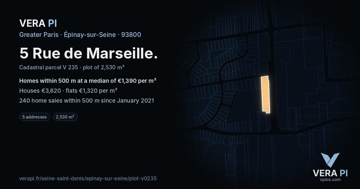 5 Rue de Marseille, Épinay-sur-Seine at night – the plot lit, the parcels around coloured by the prices near them