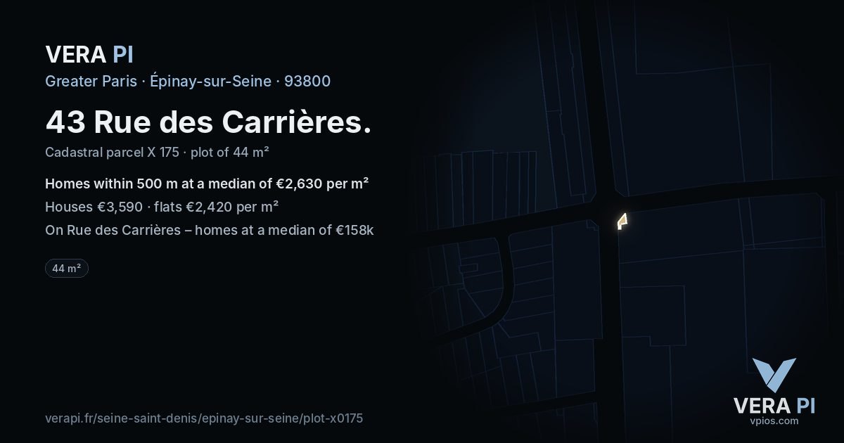 43 Rue des Carrières, Épinay-sur-Seine at night – the plot lit, the parcels around coloured by the prices near them