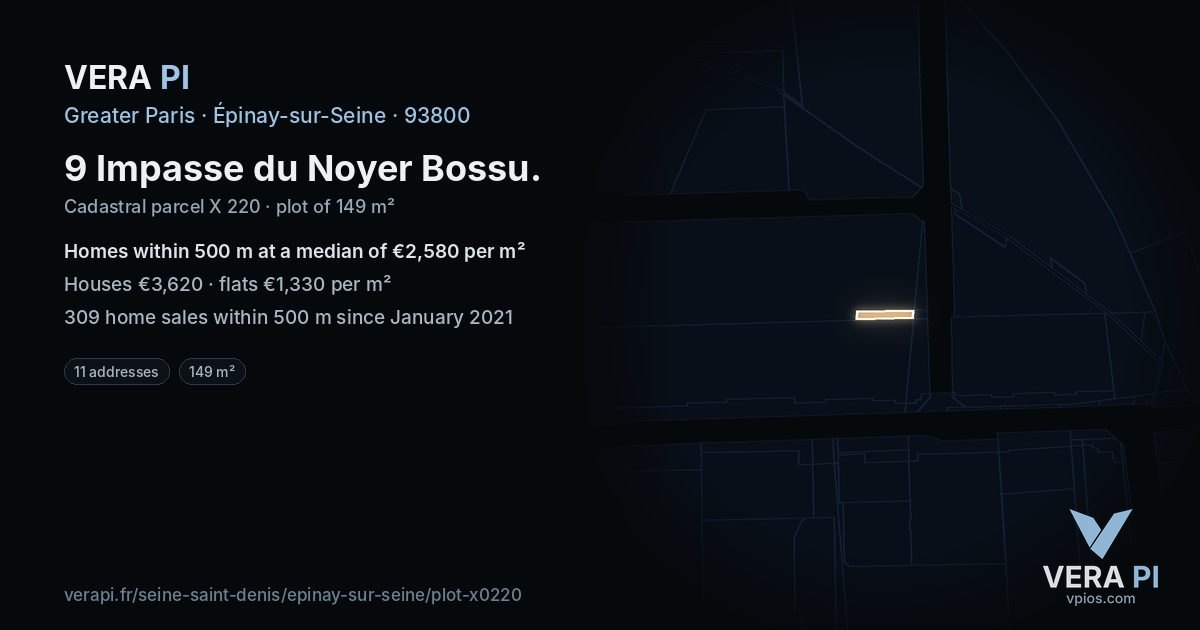 9 Impasse du Noyer Bossu, Épinay-sur-Seine at night – the plot lit, the parcels around coloured by the prices near them