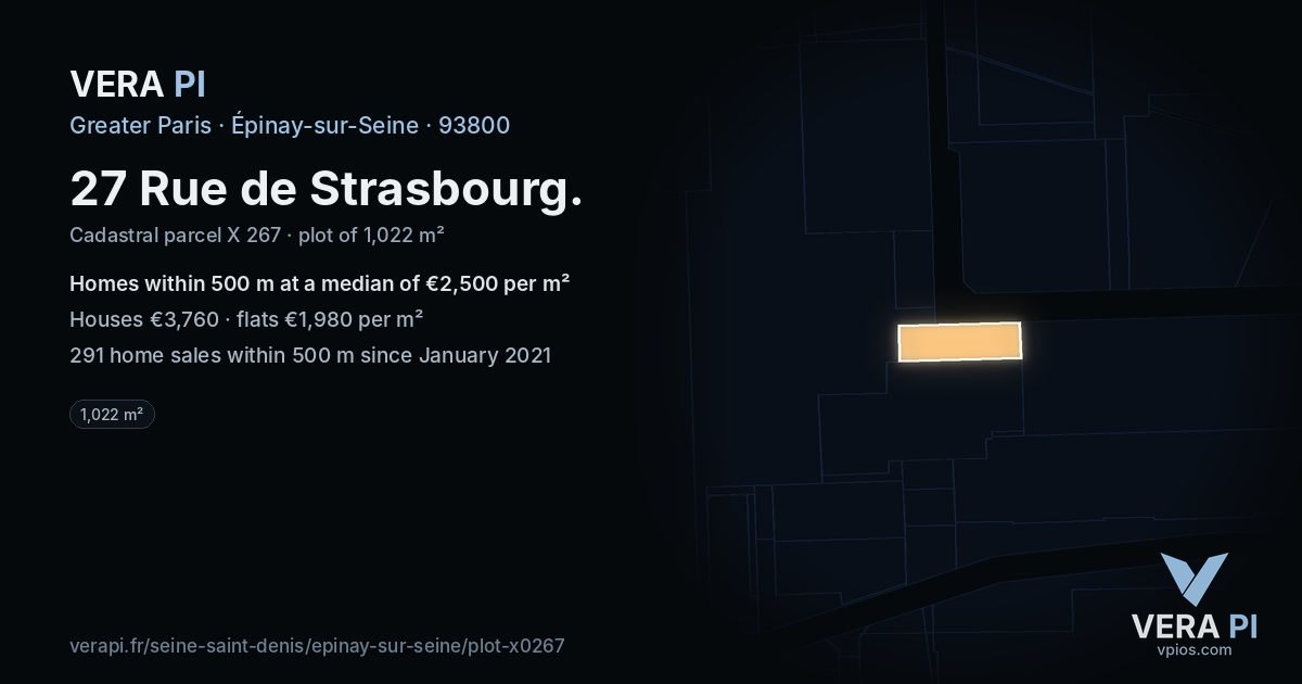 27 Rue de Strasbourg, Épinay-sur-Seine at night – the plot lit, the parcels around coloured by the prices near them