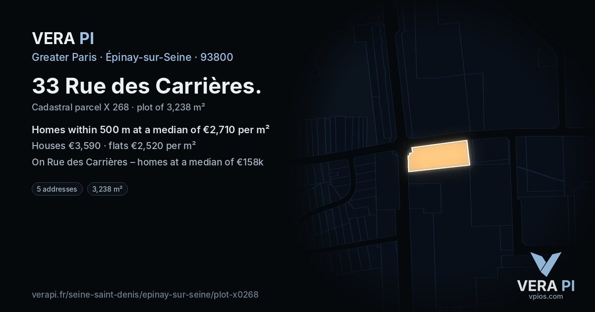33 Rue des Carrières, Épinay-sur-Seine at night – the plot lit, the parcels around coloured by the prices near them
