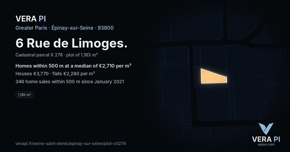 6 Rue de Limoges, Épinay-sur-Seine at night – the plot lit, the parcels around coloured by the prices near them