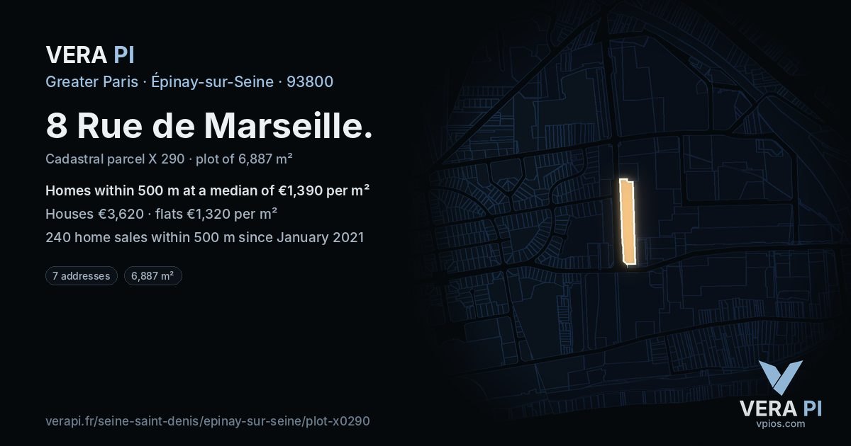 8 Rue de Marseille, Épinay-sur-Seine at night – the plot lit, the parcels around coloured by the prices near them