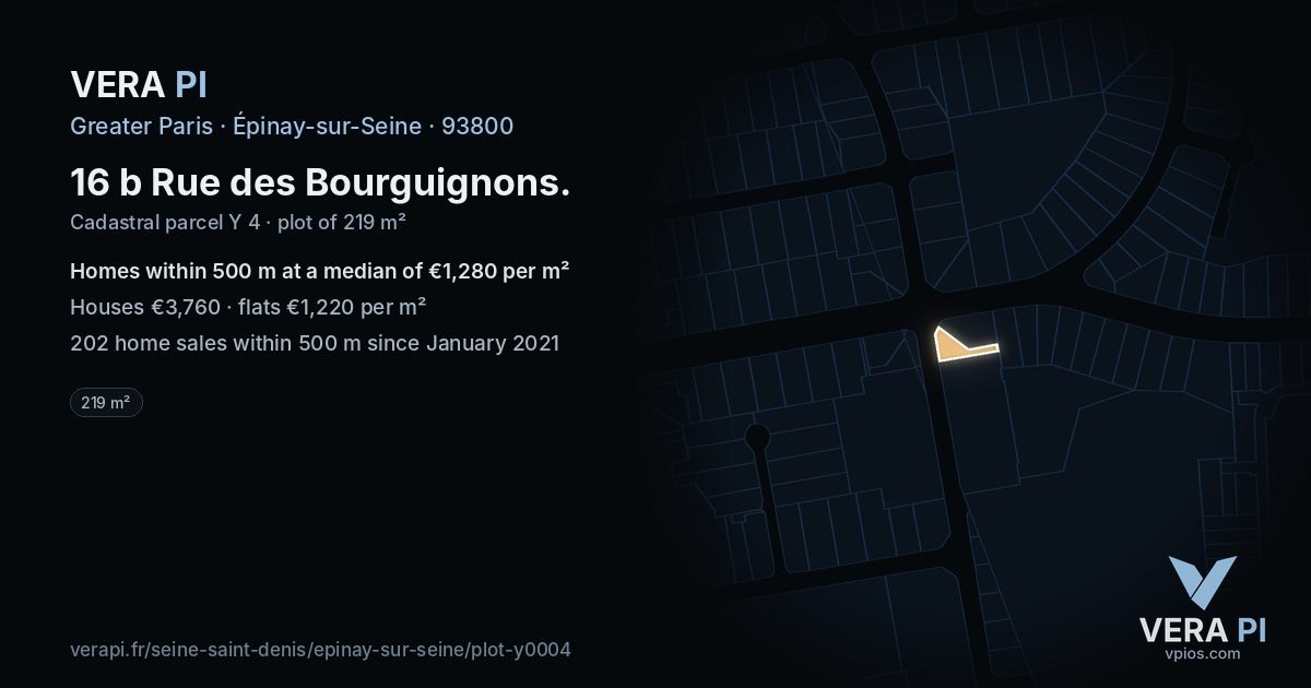 16 b Rue des Bourguignons, Épinay-sur-Seine at night – the plot lit, the parcels around coloured by the prices near them