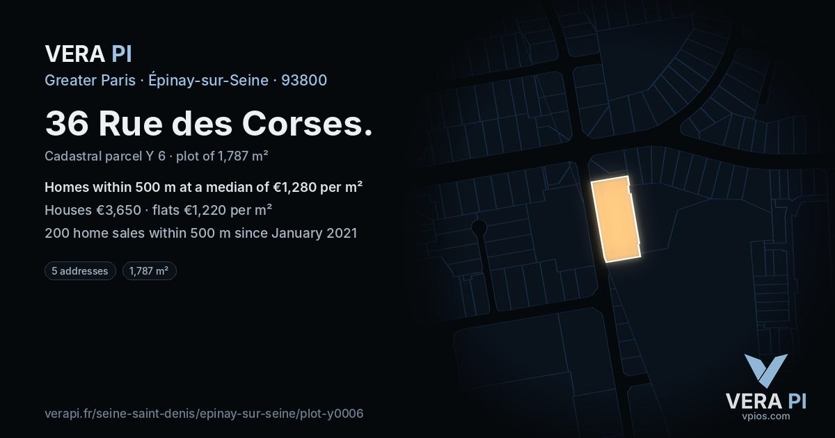 36 Rue des Corses, Épinay-sur-Seine at night – the plot lit, the parcels around coloured by the prices near them