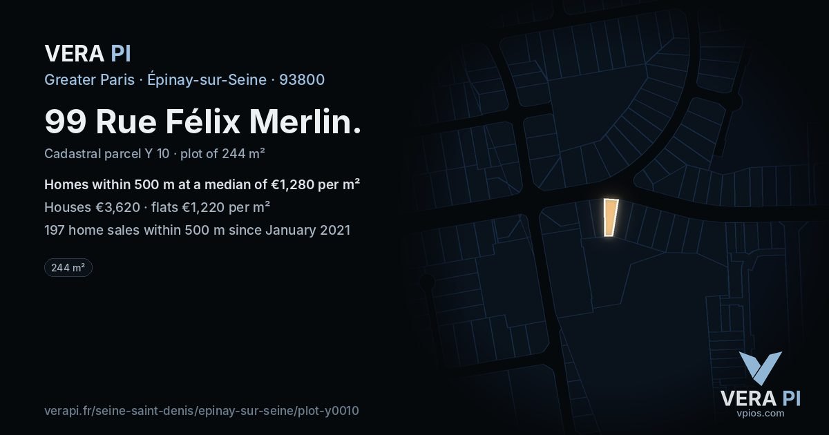 99 Rue Félix Merlin, Épinay-sur-Seine at night – the plot lit, the parcels around coloured by the prices near them