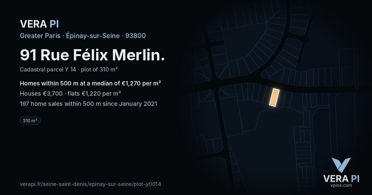 91 Rue Félix Merlin, Épinay-sur-Seine at night – the plot lit, the parcels around coloured by the prices near them
