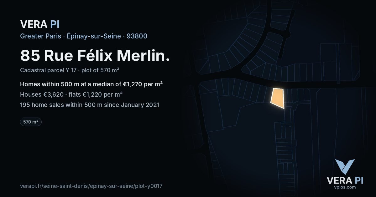 85 Rue Félix Merlin, Épinay-sur-Seine at night – the plot lit, the parcels around coloured by the prices near them