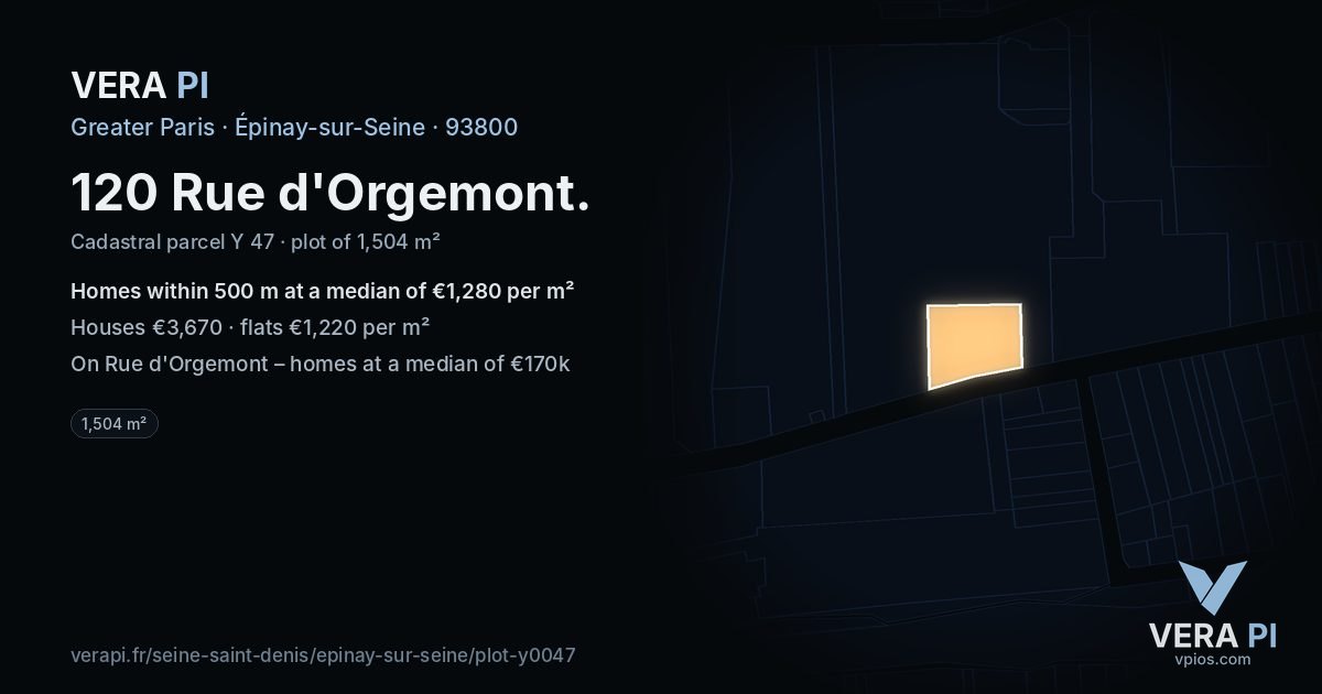 120 Rue d'Orgemont, Épinay-sur-Seine at night – the plot lit, the parcels around coloured by the prices near them