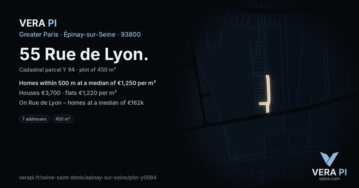 55 Rue de Lyon, Épinay-sur-Seine at night – the plot lit, the parcels around coloured by the prices near them