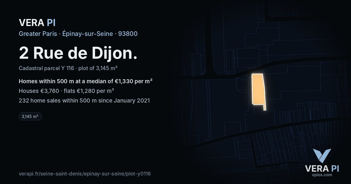 2 Rue de Dijon, Épinay-sur-Seine at night – the plot lit, the parcels around coloured by the prices near them