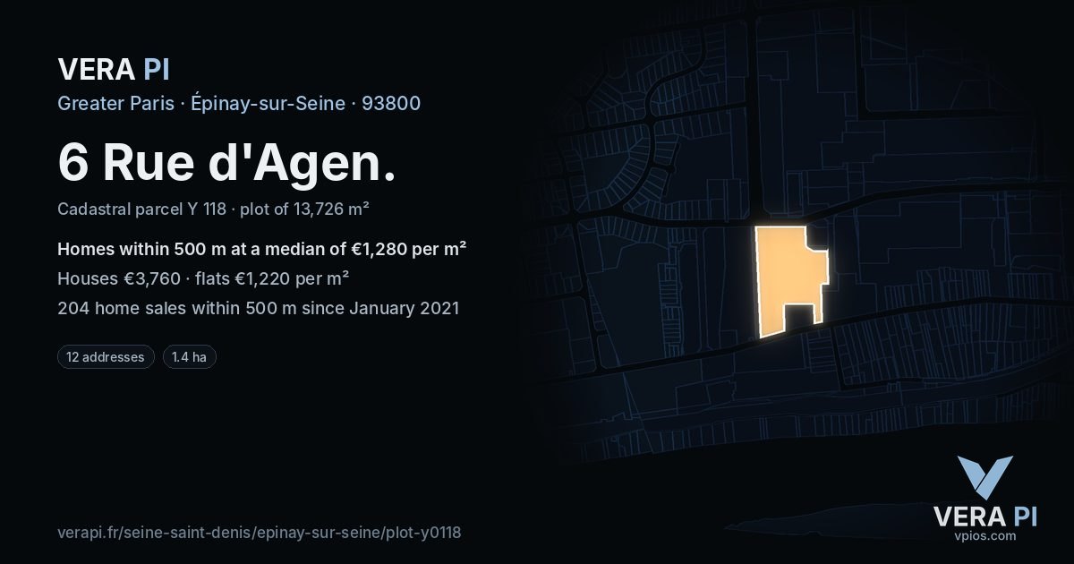 6 Rue d'Agen, Épinay-sur-Seine at night – the plot lit, the parcels around coloured by the prices near them