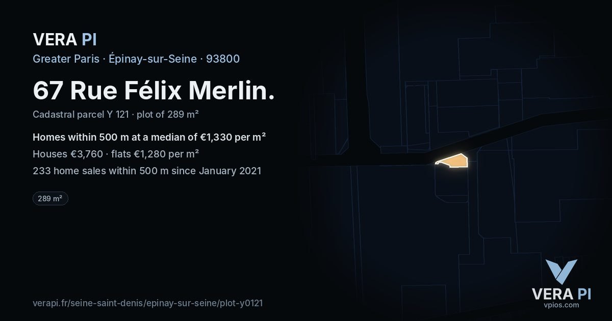 67 Rue Félix Merlin, Épinay-sur-Seine at night – the plot lit, the parcels around coloured by the prices near them