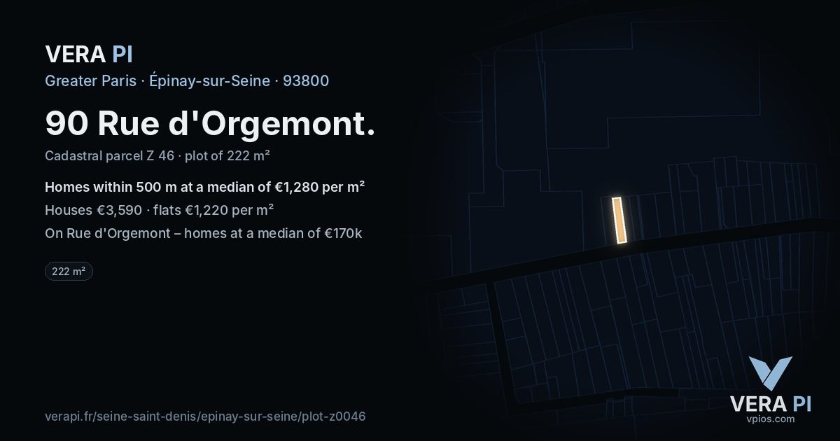 90 Rue d'Orgemont, Épinay-sur-Seine at night – the plot lit, the parcels around coloured by the prices near them