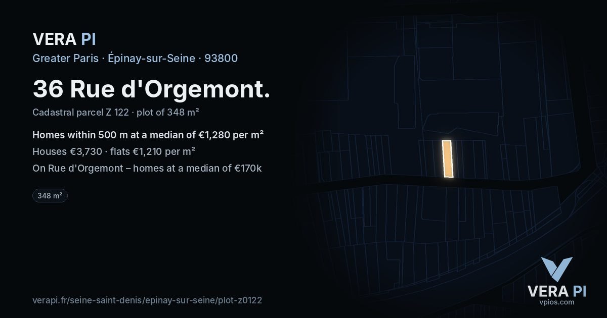 36 Rue d'Orgemont, Épinay-sur-Seine at night – the plot lit, the parcels around coloured by the prices near them