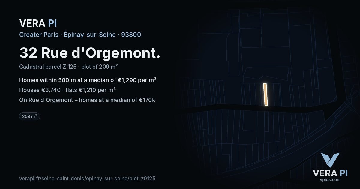 32 Rue d'Orgemont, Épinay-sur-Seine at night – the plot lit, the parcels around coloured by the prices near them