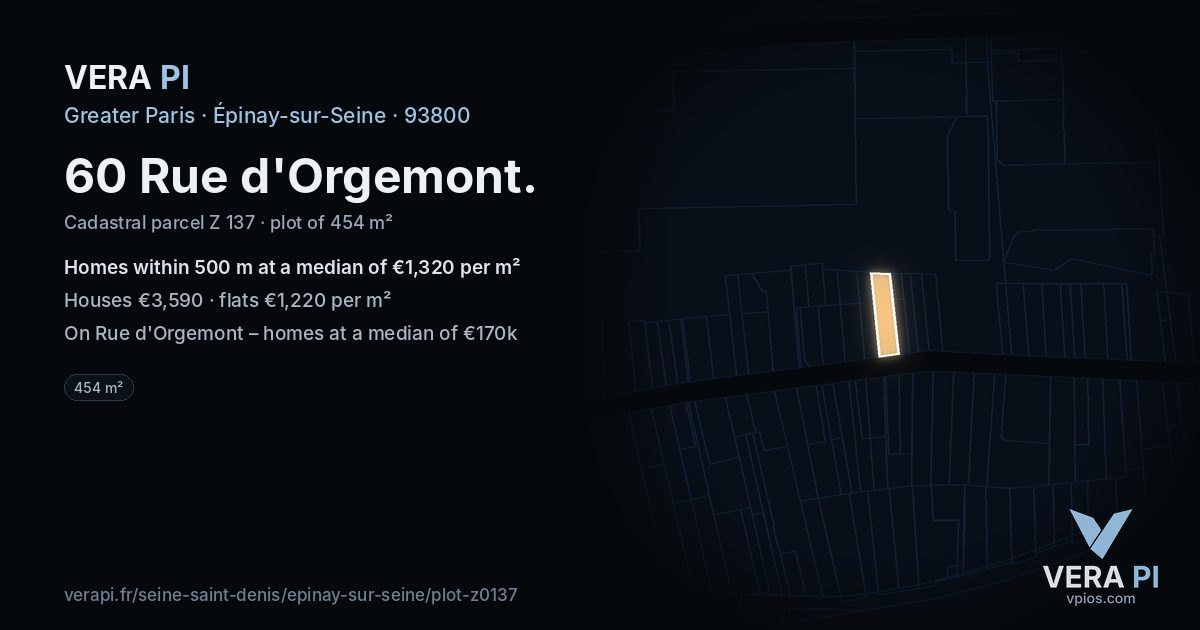 60 Rue d'Orgemont, Épinay-sur-Seine at night – the plot lit, the parcels around coloured by the prices near them