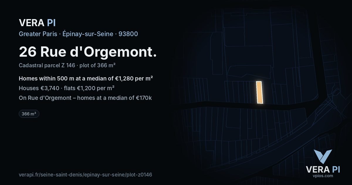 26 Rue d'Orgemont, Épinay-sur-Seine at night – the plot lit, the parcels around coloured by the prices near them