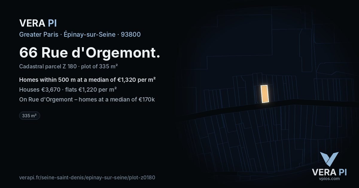 66 Rue d'Orgemont, Épinay-sur-Seine at night – the plot lit, the parcels around coloured by the prices near them