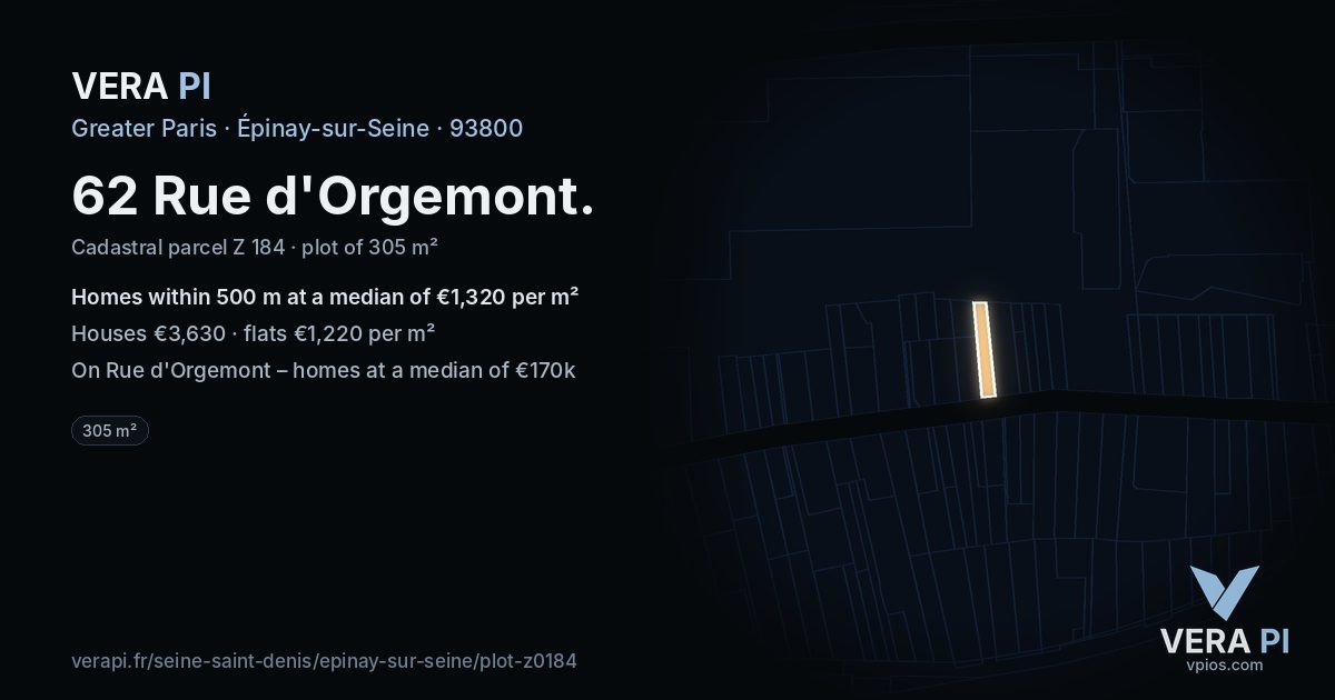 62 Rue d'Orgemont, Épinay-sur-Seine at night – the plot lit, the parcels around coloured by the prices near them