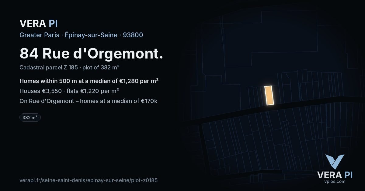 84 Rue d'Orgemont, Épinay-sur-Seine at night – the plot lit, the parcels around coloured by the prices near them
