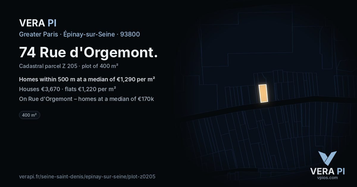 74 Rue d'Orgemont, Épinay-sur-Seine at night – the plot lit, the parcels around coloured by the prices near them