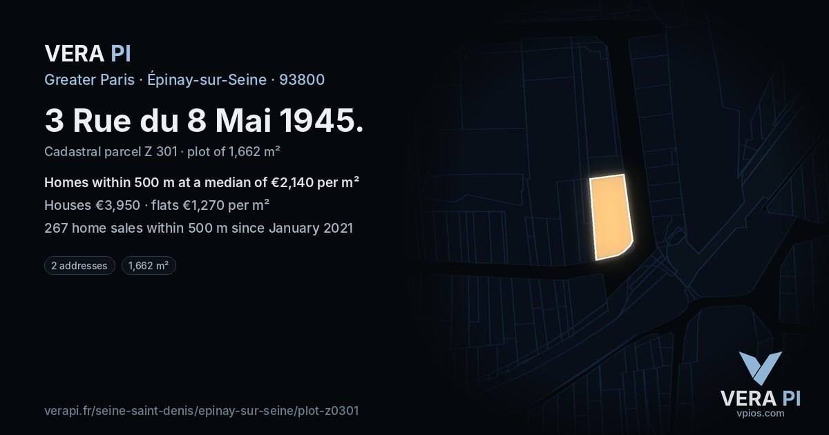 3 Rue du 8 Mai 1945, Épinay-sur-Seine at night – the plot lit, the parcels around coloured by the prices near them