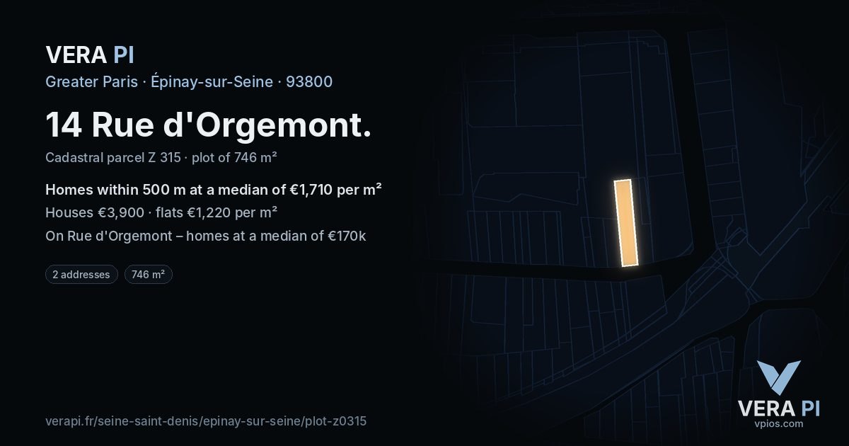 14 Rue d'Orgemont, Épinay-sur-Seine at night – the plot lit, the parcels around coloured by the prices near them