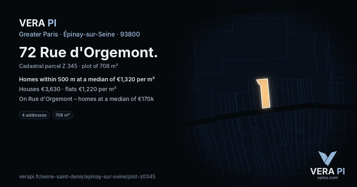 72 Rue d'Orgemont, Épinay-sur-Seine at night – the plot lit, the parcels around coloured by the prices near them