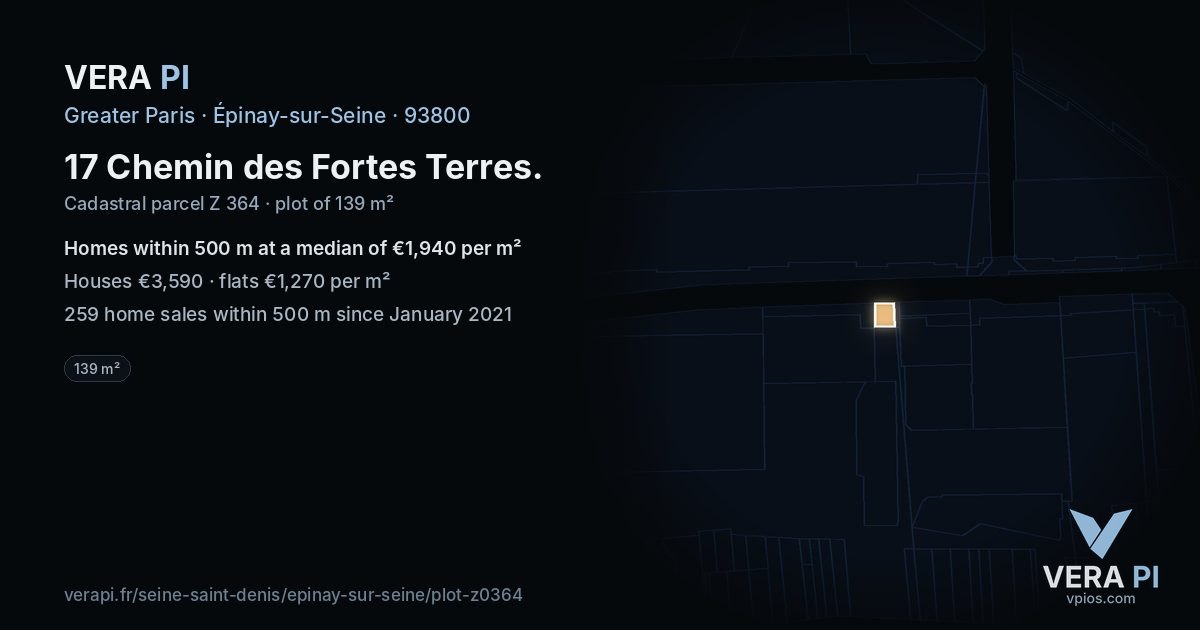 17 Chemin des Fortes Terres, Épinay-sur-Seine at night – the plot lit, the parcels around coloured by the prices near them