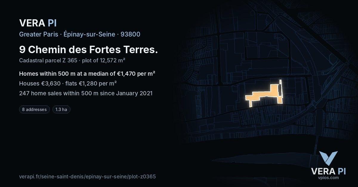 9 Chemin des Fortes Terres, Épinay-sur-Seine at night – the plot lit, the parcels around coloured by the prices near them