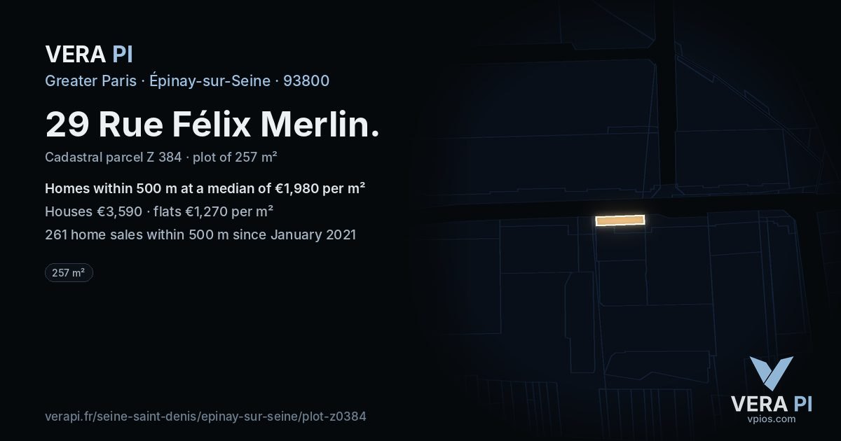 29 Rue Félix Merlin, Épinay-sur-Seine at night – the plot lit, the parcels around coloured by the prices near them