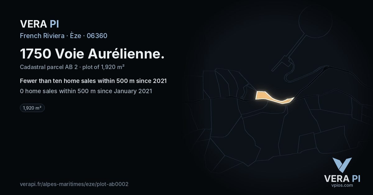1750 Voie Aurélienne, Èze at night – the plot lit, the parcels around coloured by the prices near them