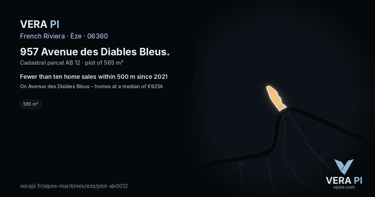 957 Avenue des Diables Bleus, Èze at night – the plot lit, the parcels around coloured by the prices near them