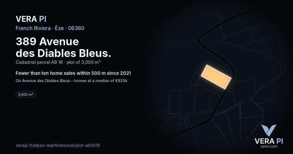389 Avenue des Diables Bleus, Èze at night – the plot lit, the parcels around coloured by the prices near them