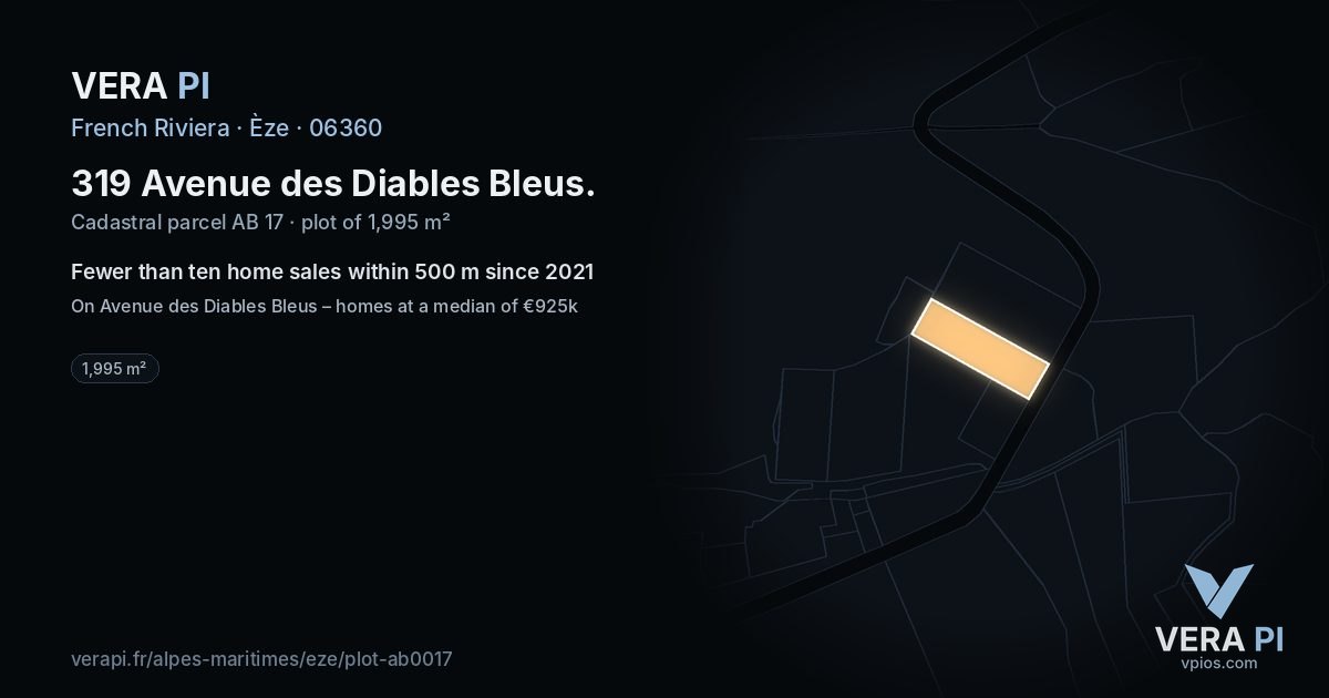 319 Avenue des Diables Bleus, Èze at night – the plot lit, the parcels around coloured by the prices near them